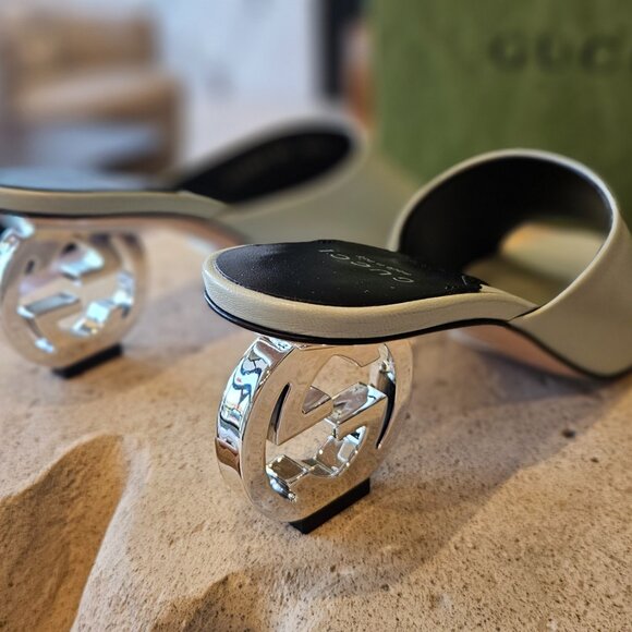 Gucci Interlocking G Heel Sandal 772569 C9D00  3409 Light Green Leather Size 39 - Picture 4 of 11